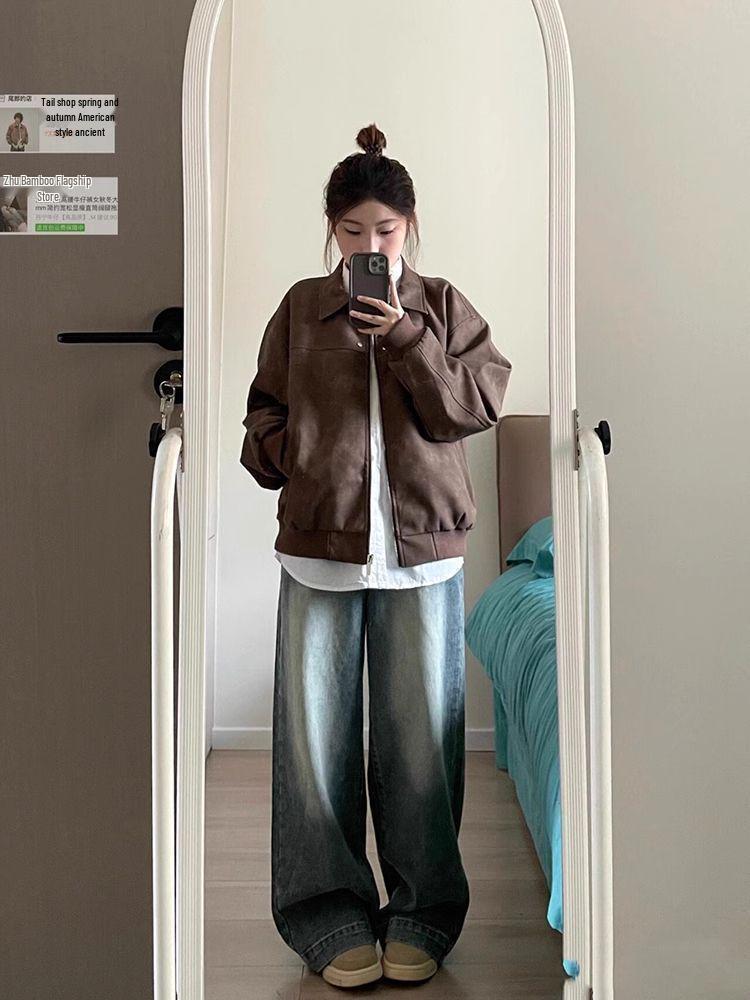 Женская куртка из высококачественной американской ретро-кожи коричневого цвета - Модная осенне-зимняя свободная парная верхняя одежда