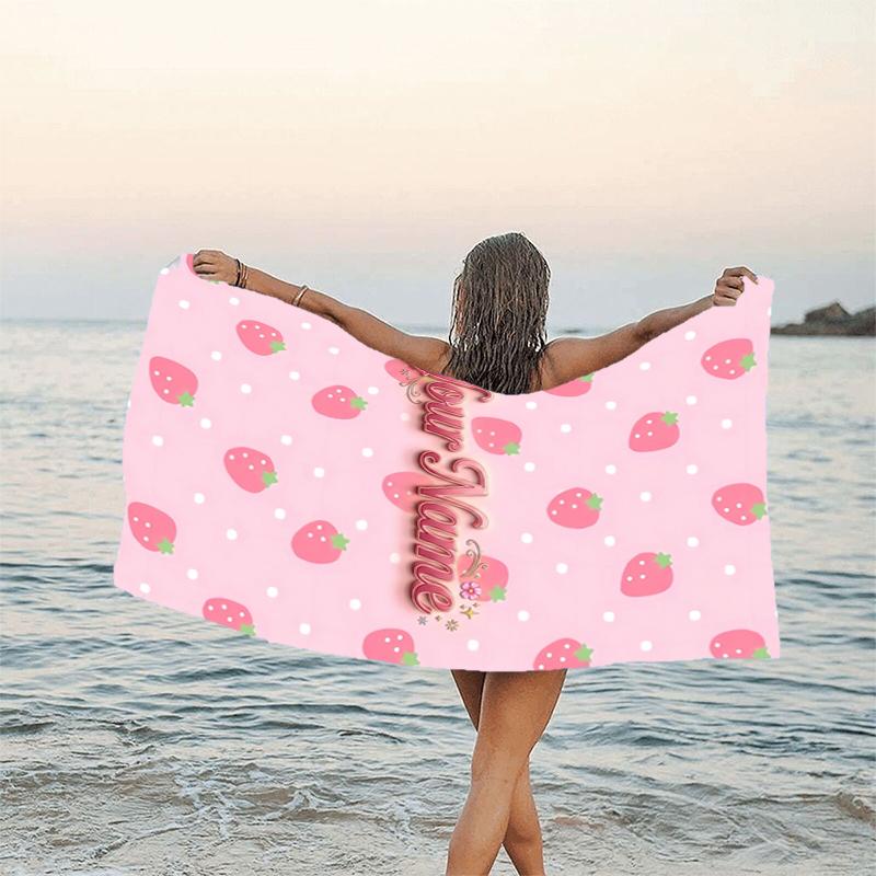 1pc Princess Strawberry Beach Towel with Custom Name, Beach and Seaside Swimming Pool Equipment, Fashion Pattern, Rectangular, Travel Essential
