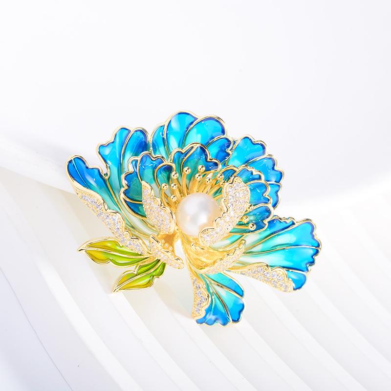 Luxury Chinese Style Freshwater Pearl Colorful Enamel Peony Brooch Pin Lapelpin Cubic Zircon Coat Gifts Corsage Flower Breastpin