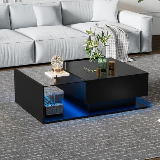 High-Gloss Black Coffee Table 100x50x32cm, with Glass Top And Drawers, Scratch-Resistant, with 1 Drawer, LED Light, Modern