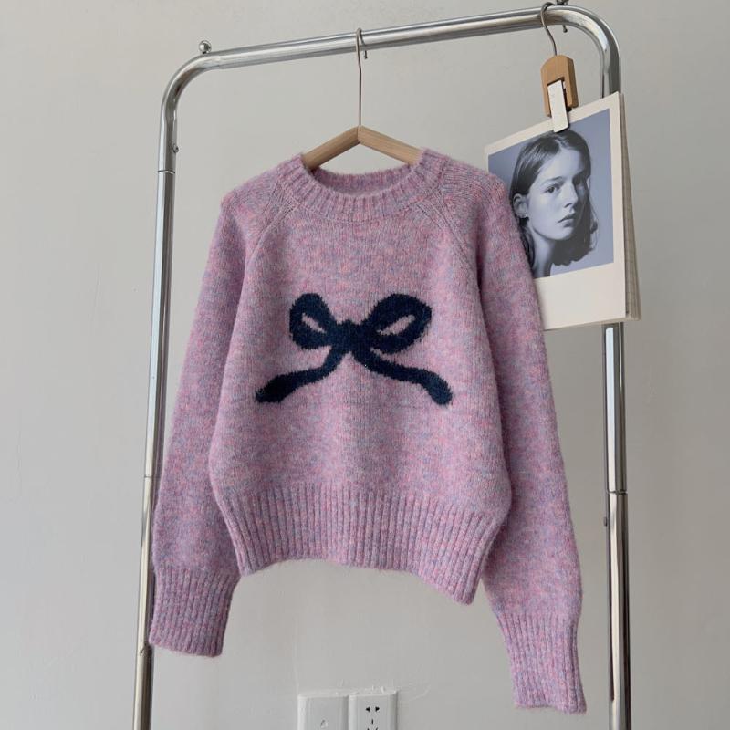 Пуловер с круглым вырезом и бантом, женский осенне-зимний, маленький, мягкий, клейкий базовый трикотаж