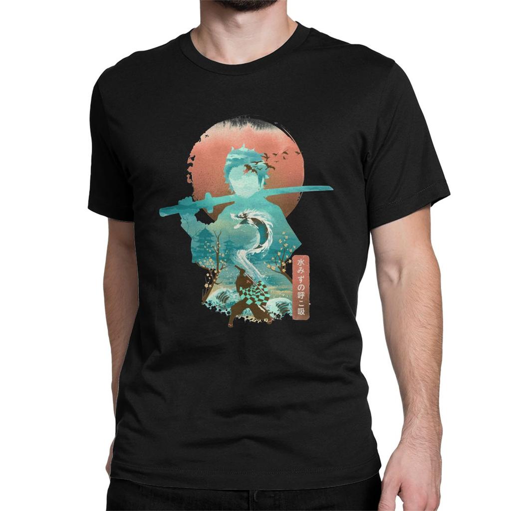 Men T Shirt Ukiyo E Breath Of Water Classic Vintage Pure Cotton Tee Shirt Demon Slayer