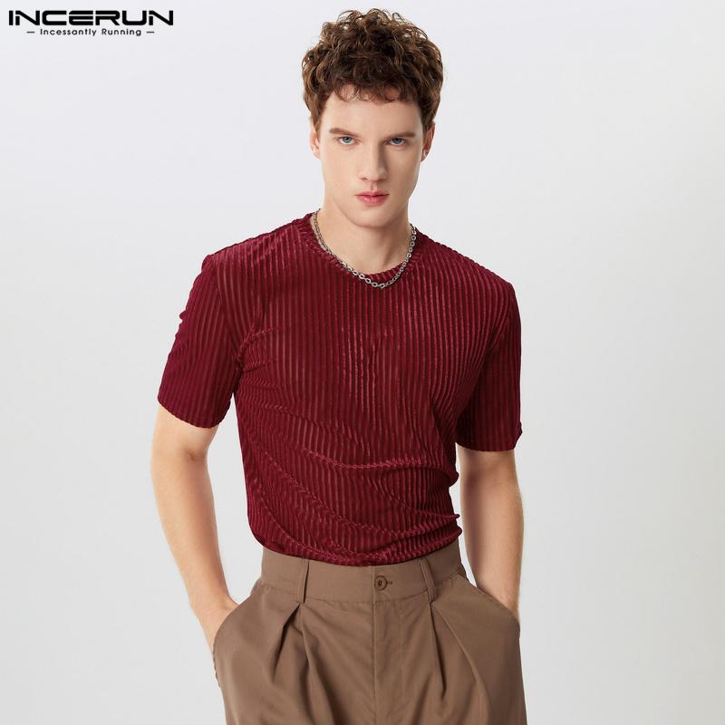 INCERUN Летние мужские футболки с коротким рукавом и круглым вырезом, повседневные блестящие футболки