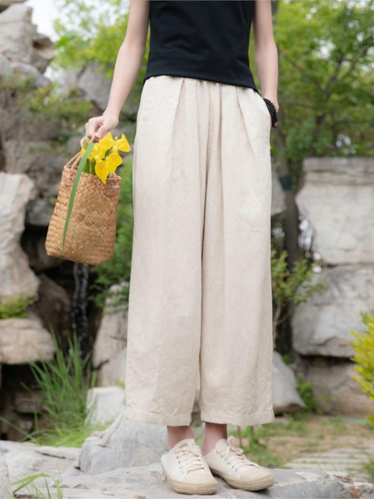 Johnature Женские винтажные льняные брюки с эластичными карманами на талии, весенние однотонные свободные брюки, женские повседневные брюки