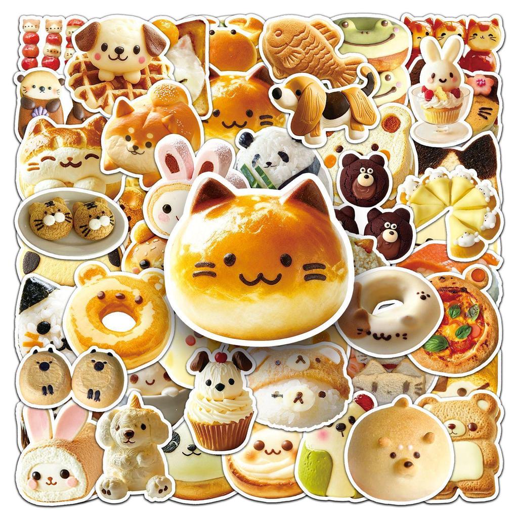 Animal Food Sticker Set: 50 Cute Cartoon Bread, Cookie Shapes, Waterproof Lunch Box Decor.