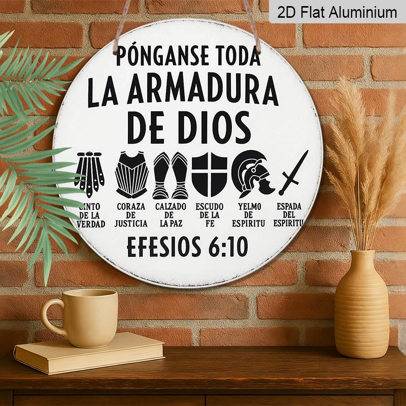 2D Flat, 1pc 7.87*7.87 Inch Round Spanish Aluminum Sign, a Vintage Decorative Plaque About "The Armor of God" from Ephesians 6:10. Suitable for