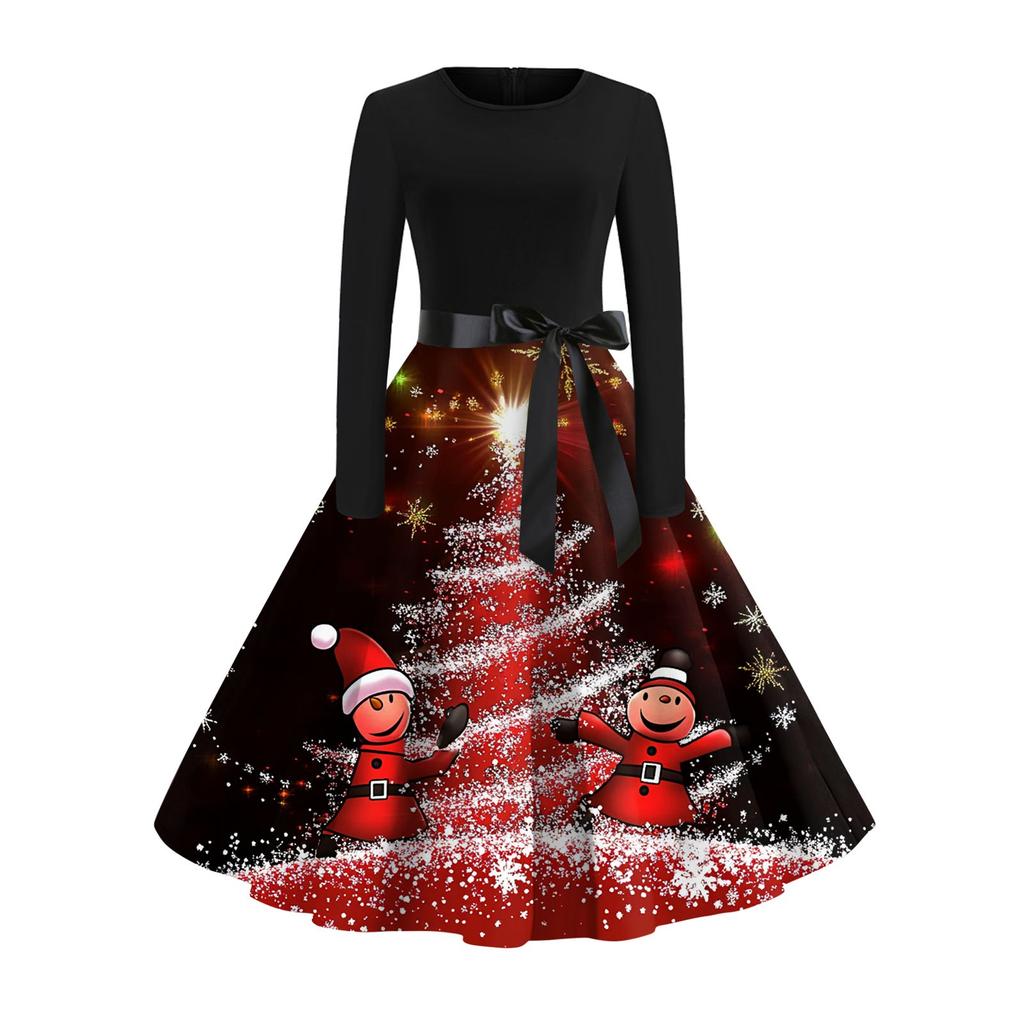 Christmas Print Flare Dress For Women Long Sleeve Dress Hollow Party Casual Dresses