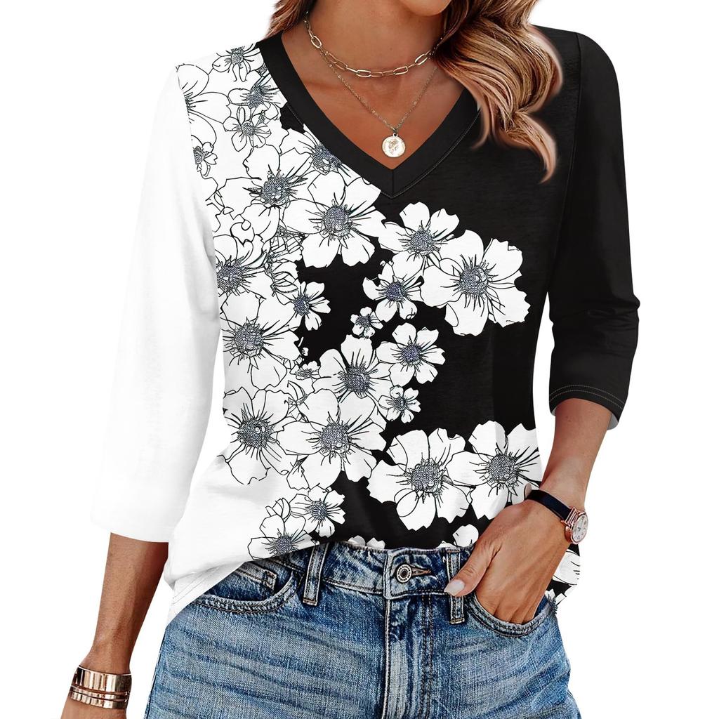 Женская футболка с принтом, рукав 3/4, повседневная мода на выходные, базовый топ с V-образным вырезом
