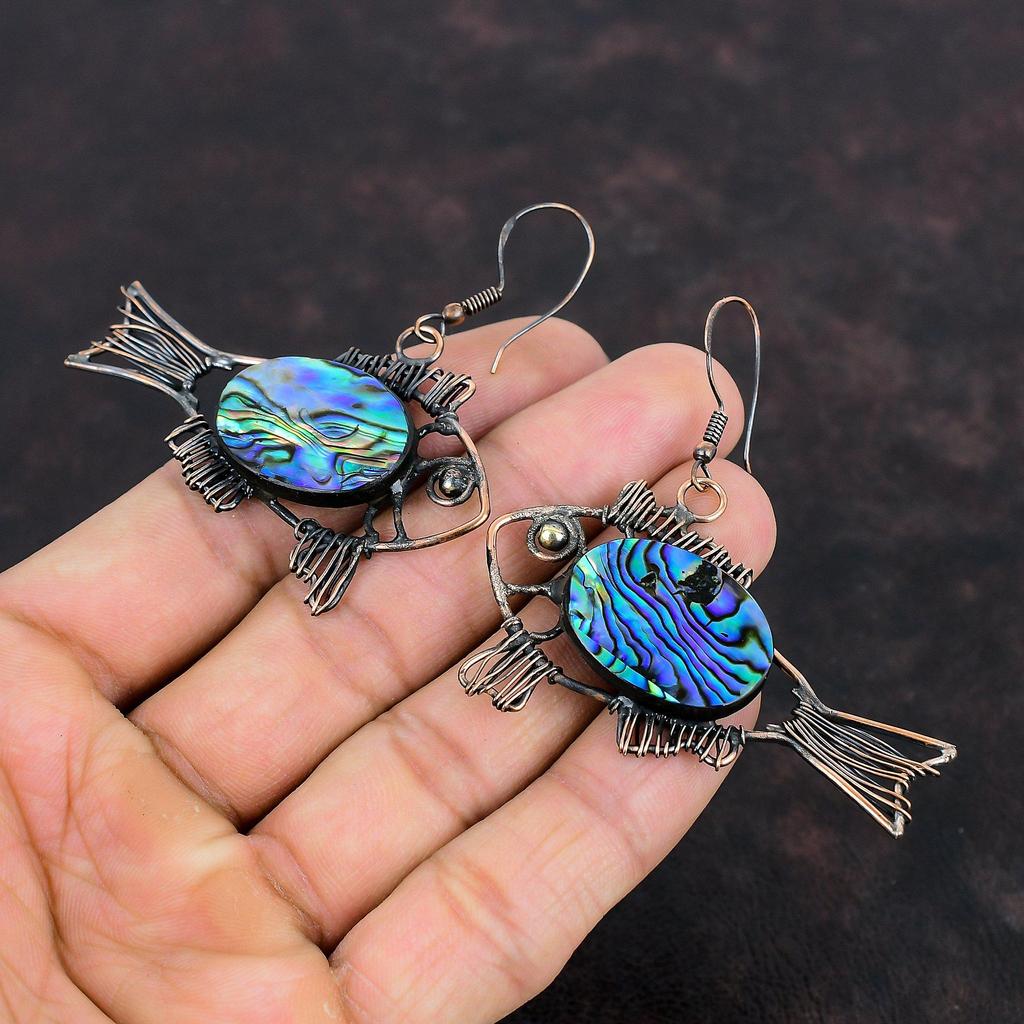 Серьги в виде ракушек из ушка, серьги из медной проволоки, серьги ручной работы с драгоценными камнями, ювелирные изделия из ракушек из ушка, серьги в форме рыбы, медные ювелирные изделия, подарки для нее