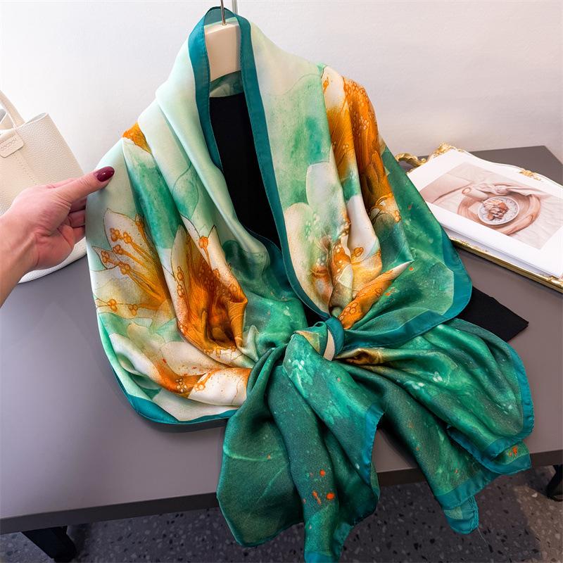 2025 Шелковые пляжные палантины Женский хиджаб Шарф Солнцезащитная шаль Накидки Женские шарфы Фуляр Пляжные палантины Женская большая бандана Эшарп