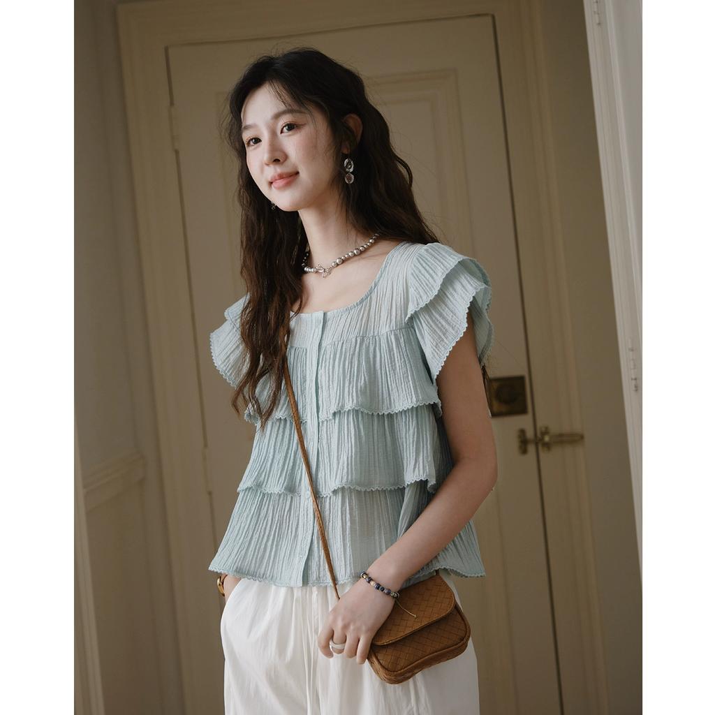 Mishow Шифоновая рубашка с рукавами-бабочками женская 2025 лето новая женская одежда ретро квадратный вырез пуговицы повседневная рубашка MXD30X1488