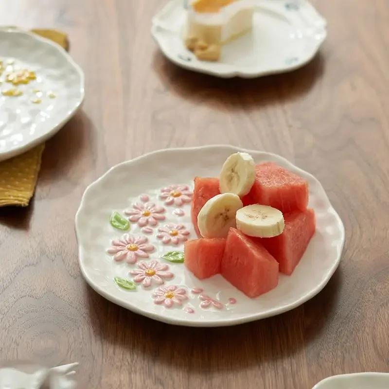 Тарелка «Ландыш и Маргаритка», ресторанная керамическая церемониальная тарелка для торта и десерта, домашняя высококлассная декоративная посуда для кухни