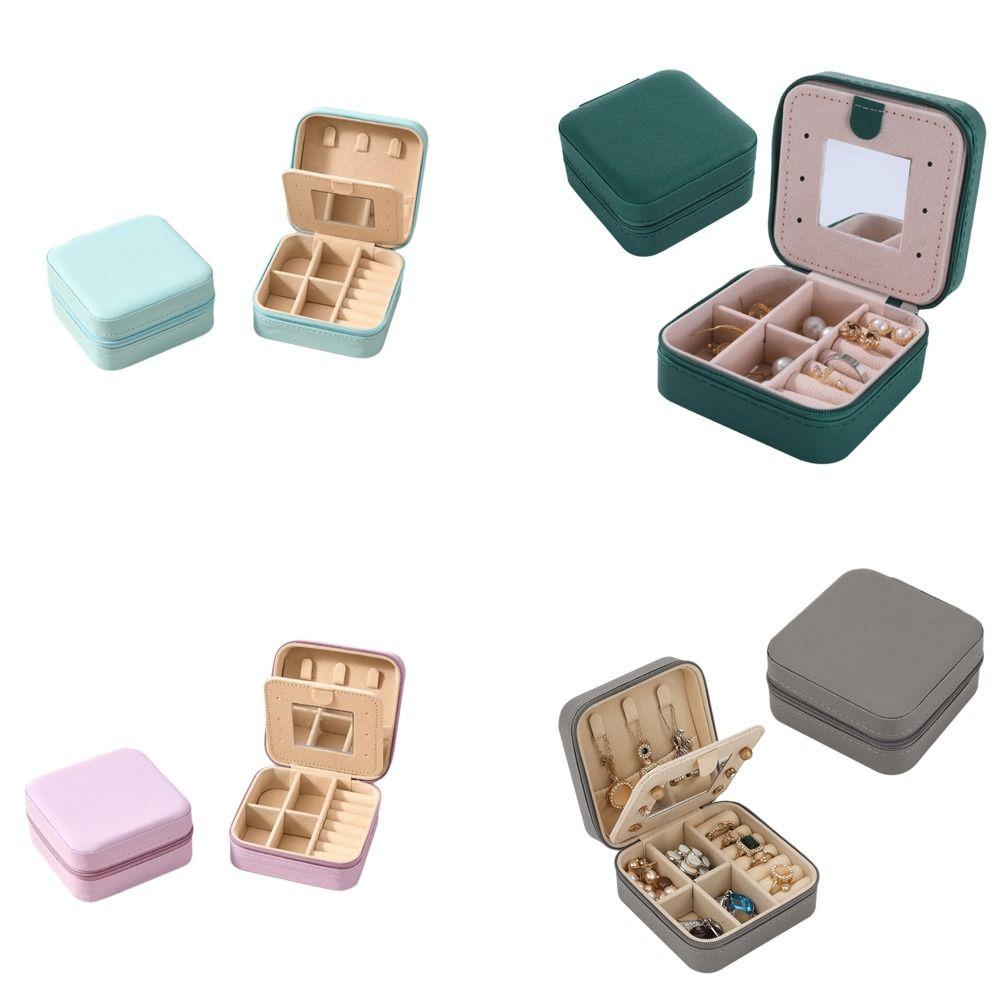 Storage Organizer Waterproof Portable Jewelry Box with Mirror Square Travel Organizer Zippered Closure Necklace Ring Box Travel
