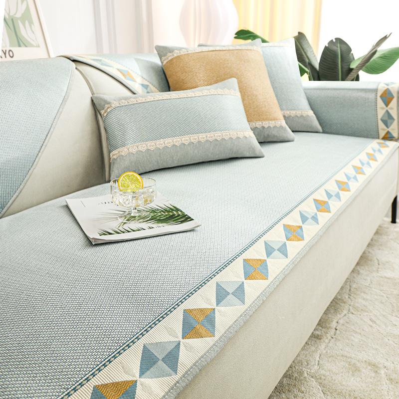 Коврик из ротанга из полыни Диванная подушка Ледяная нить противоскользящая вентиляция Изысканная вышивка Диванное полотенце Широкая окантовка полынь Чехол для дивана