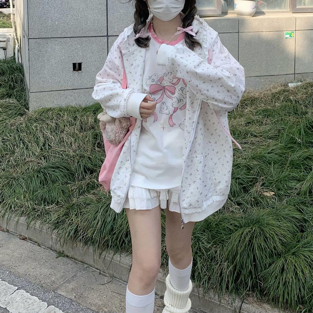 Kawaii Sweet Harajuku Толстовка Женская Японская Мода Кружева Лоскутная Цветочный Принт Кошка Вышивка Толстовка На Молнии С Капюшоном