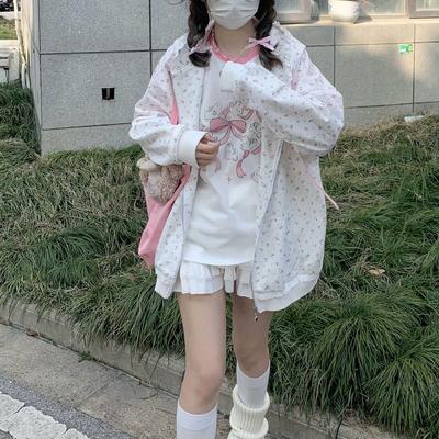 Kawaii Sweet Harajuku Толстовка Женская Японская Мода Кружева Лоскутная Цветочный Принт Кошка Вышивка Толстовка На Молнии С Капюшоном