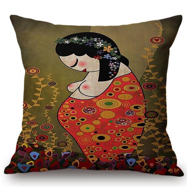 Cute Cartoon Decorative Gustav Klimt Oil Painting Throw Pillow Cover Vintage Home Decor Office Car Sofa Love Chair Cushion Cover
