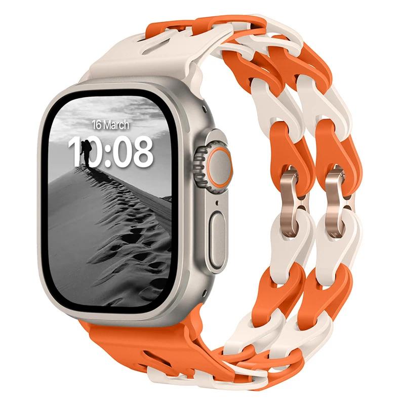 Силиконовый ремешок с двойной звеньевой цепью для Apple Watch Band Ultra 2 49мм 44мм 40мм 45мм 41мм 42мм Браслет для Series 9 8 7 6 5 4 SE 3