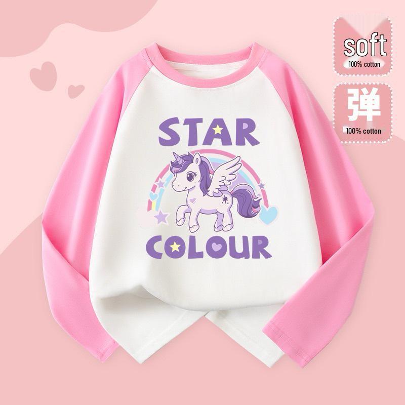 2025 Милая мультяшная футболка с длинным рукавом реглан в цветной блок для девочек