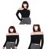 Minimalist Solid Color One Shoulder Crop Top With Spliced Long Sleeves For Casual Wear