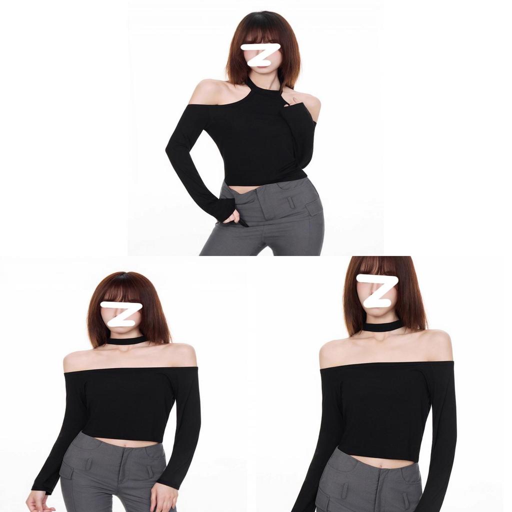 Minimalist Solid Color One Shoulder Crop Top With Spliced Long Sleeves For Casual Wear