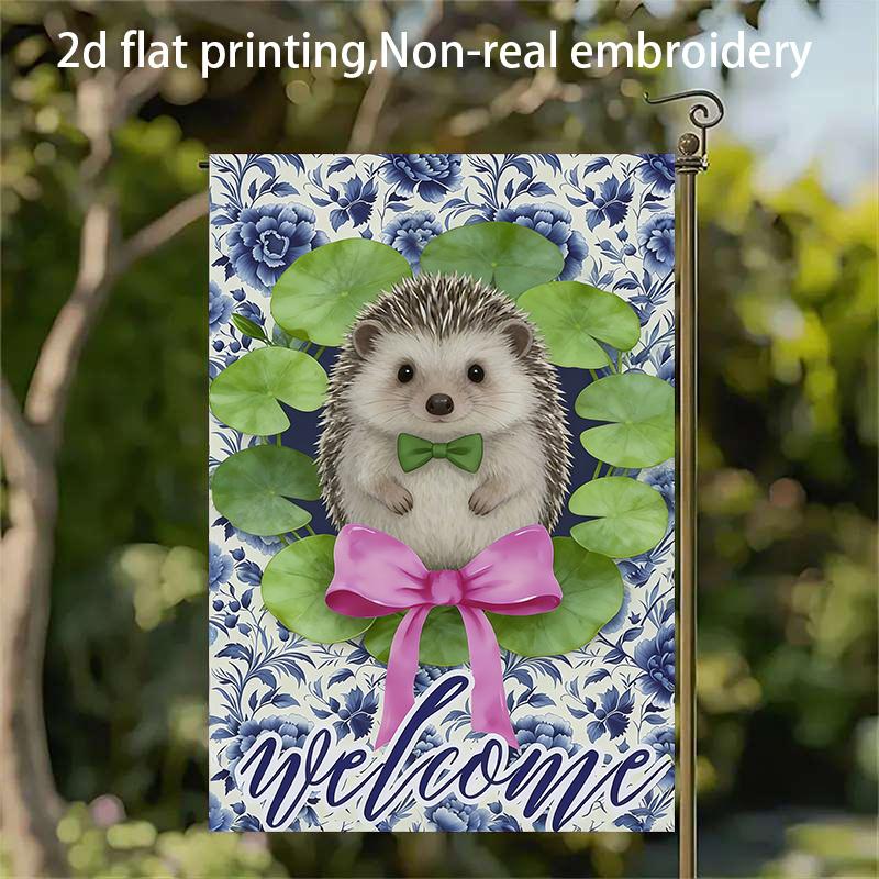 2D Flat, 1pc, 2D Flat Printing, Hedgehog and for Lotus Flower Welcome Garden Flag, Polyester Material, Multiple Sizes, Machine Washable and Durable fo