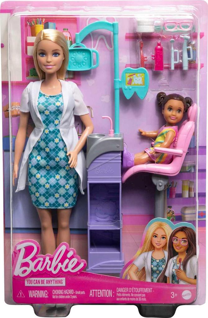 Игровой набор Barbie Career Playset с куклой-блондинкой-стоматологом, набором принадлежностей для раковины и осмотра маленького пациента, а также куклой, стулом и