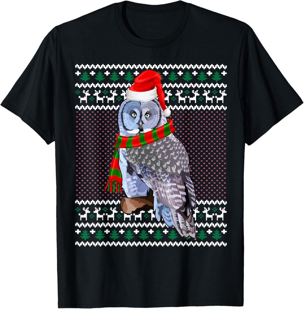 Funny Xmas Santa Hat Great Gray Owl Ugly Christmas T-Shirt