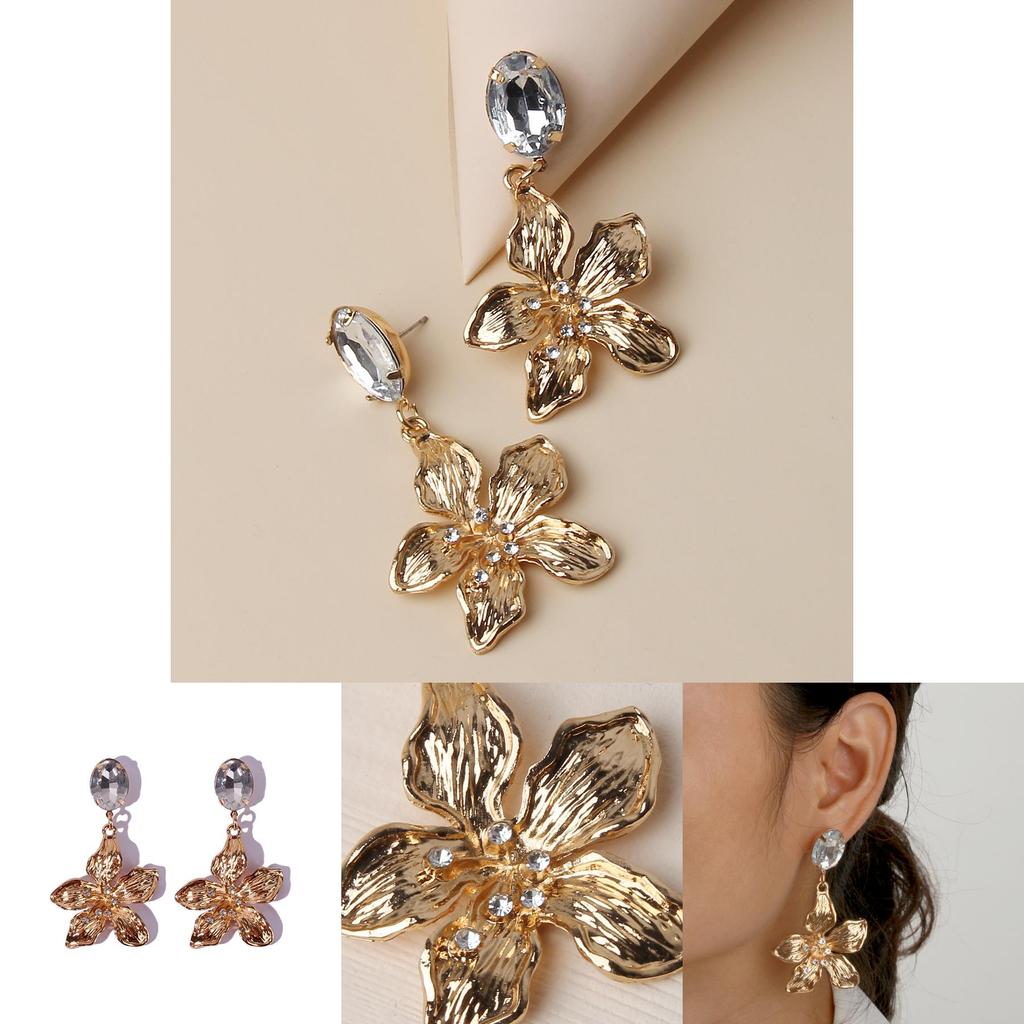 Metallic Gold Flower Earrings With Decorative Stones For Womens Fashion And Celebration