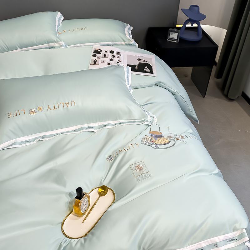 Комплект из четырех предметов из стираного шелка, высококачественное постельное белье из ледяного шелка, вышитое одеяло, покрывало, простыня, комплект из трех предметов