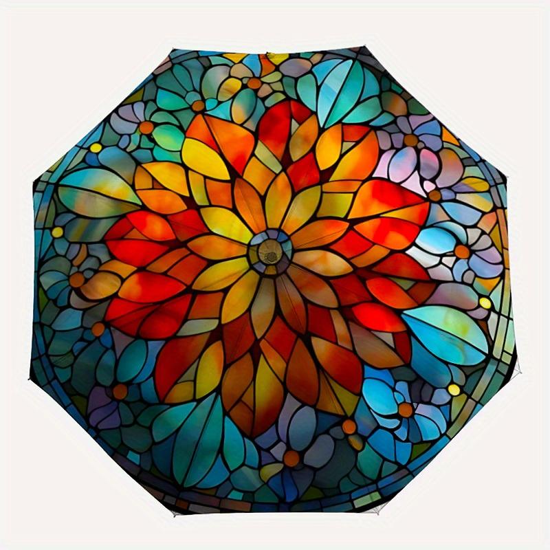 1pc Stained Glass Mandala Compact Travel Umbrella, Automatic Folding Lightweight Windproof 8-Bone Reinforced Design,012096