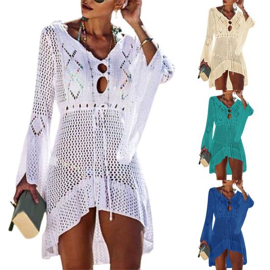 Сексуальное пляжное платье с длинным рукавом и защитой от солнца, однотонное пляжное платье с расклешенными рукавами для бассейна