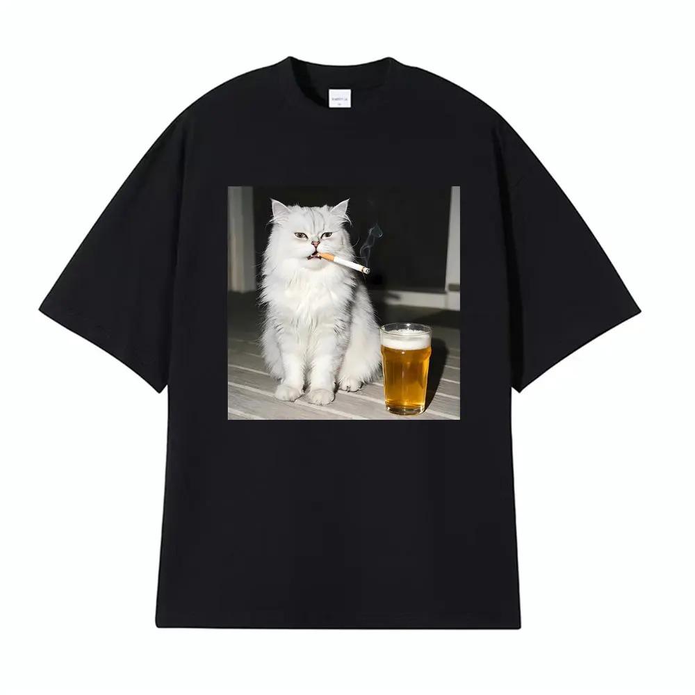 26 Summer Mens Fun Persian Cat Beer Printed Retro Round Neck Tshirt Neutral Casual Outdoor Party Soft Breathable Short Sleeve