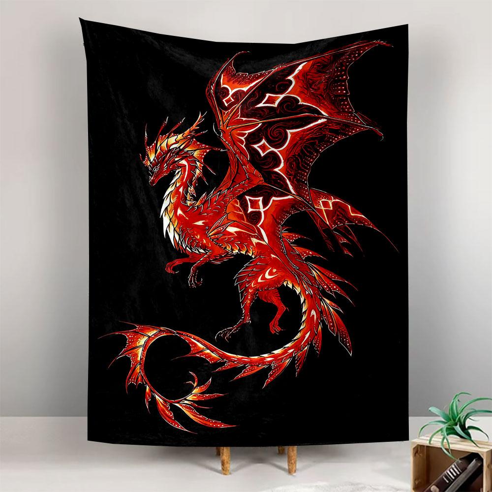 Fantasy Wall Tapestry Red Flame Dragon Glowing Rune Tattoo Style on Black Mythical Creature Art Decor for Game Room Man Cave Gift