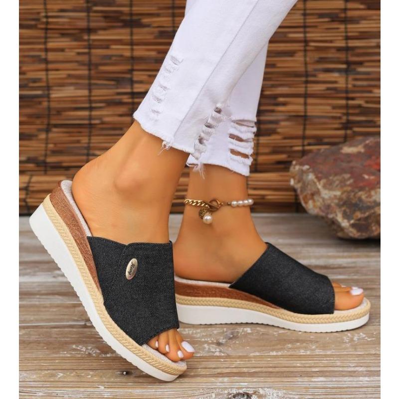 Мода Новая Мода Полосатые Платформенные Шлепанцы Женские Летние Холщовые Клиновые Сандалии Женские Большого Размера Нескользящие Повседневные Шлепанцы Zapatos Mujer