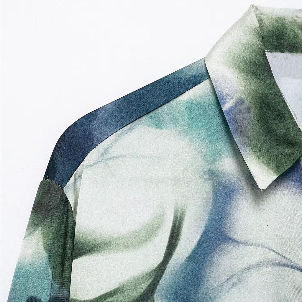 Spring 2025 Women's Fashion Silk Satin Turn-Down Collar Long-Sleeve Printed Shirt