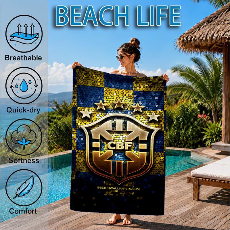 Brazilian Football Crest Printed Microfiber Beach Towel, Soft And Absorbent, Quick-Dry, Ideal for Summer Travel, Beach Essential, Swimming Pool