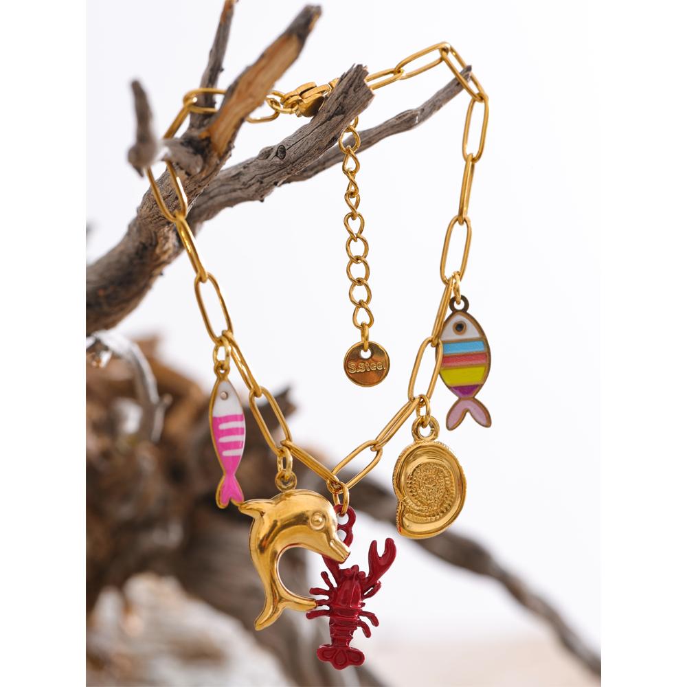 Eetit Ocean Style Enamel Fish Shell Lobster Drop Charm Bracelet Bangle for Women Summer Stainless Steel Arrivals Wrist Jewellery
