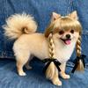Pet Cosplay Wig Cute Dogs Double Braids with Bows Adjustable Elastic Band Cat Hairpiece for Halloween Christmas Parties Photos