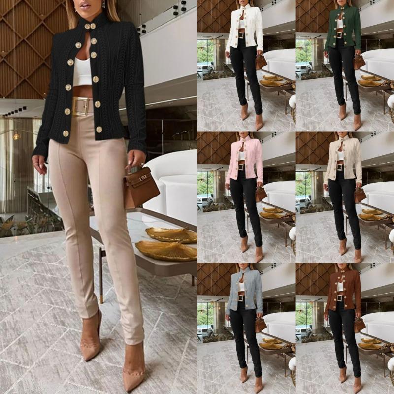 Весна Осень Модная Металлическая Пряжка Украшение Воротник-стойка Длинные Рукава Slim Fit Куртка Женская Одежда