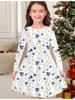 Girls' Autumn and Winter Fashion Dress, 3D Flower Print Round Neck Long Children's T-shirt Dress, Casual Versatile, Christmas Clothing