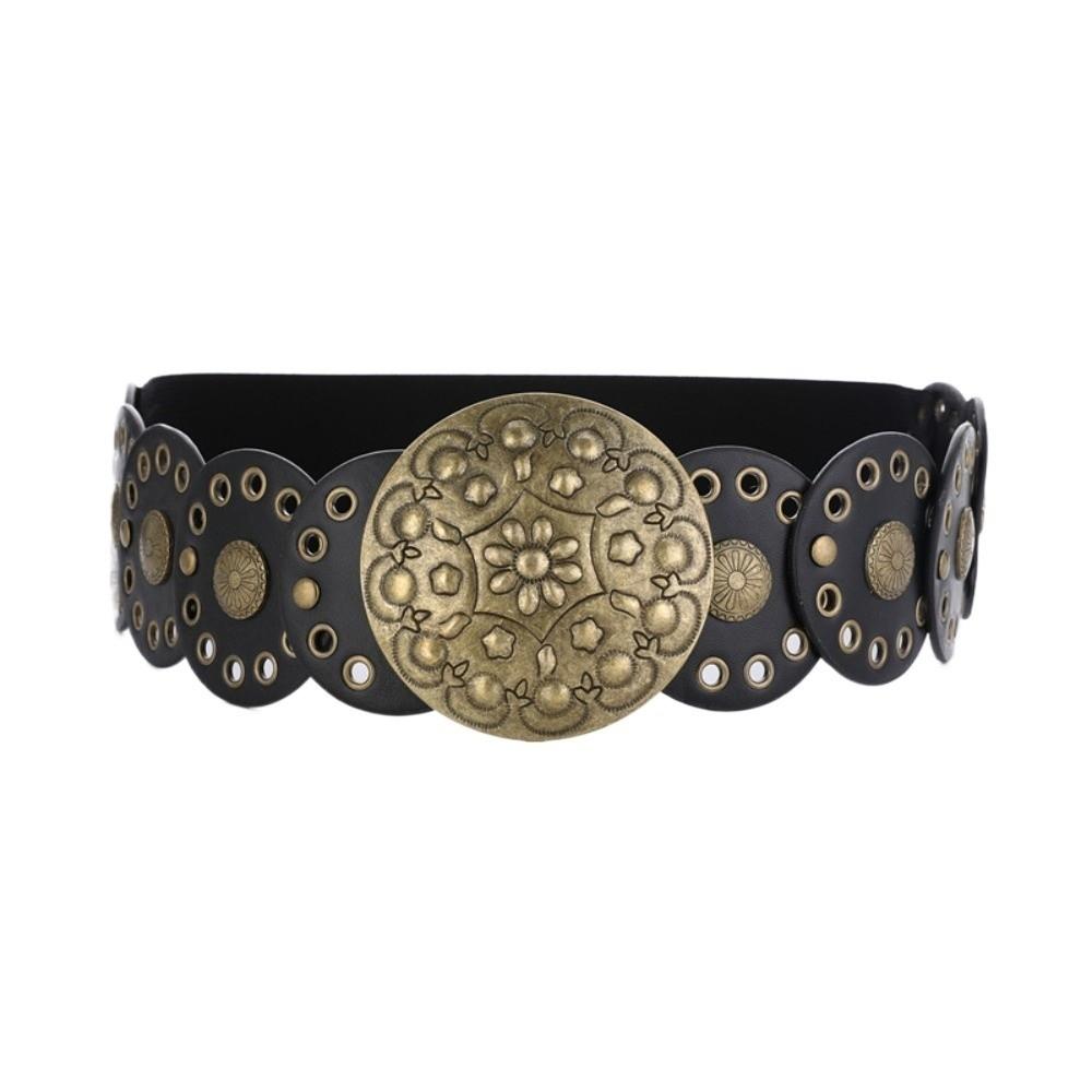 Zinc Zinc Alloy Ethnic Style Rivet Belt Y2K Disc PU Hollow Waistband Vintage Concho Wide Belt  Waist Seal