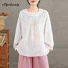 Японская Мори Girl Весна Осень Женская Белая Блузка С Круглым Вырезом Складки Оверсайз Свободная Рубашка С Длинным Рукавом Хлопок Базовая Женская Универсальная Рубашка