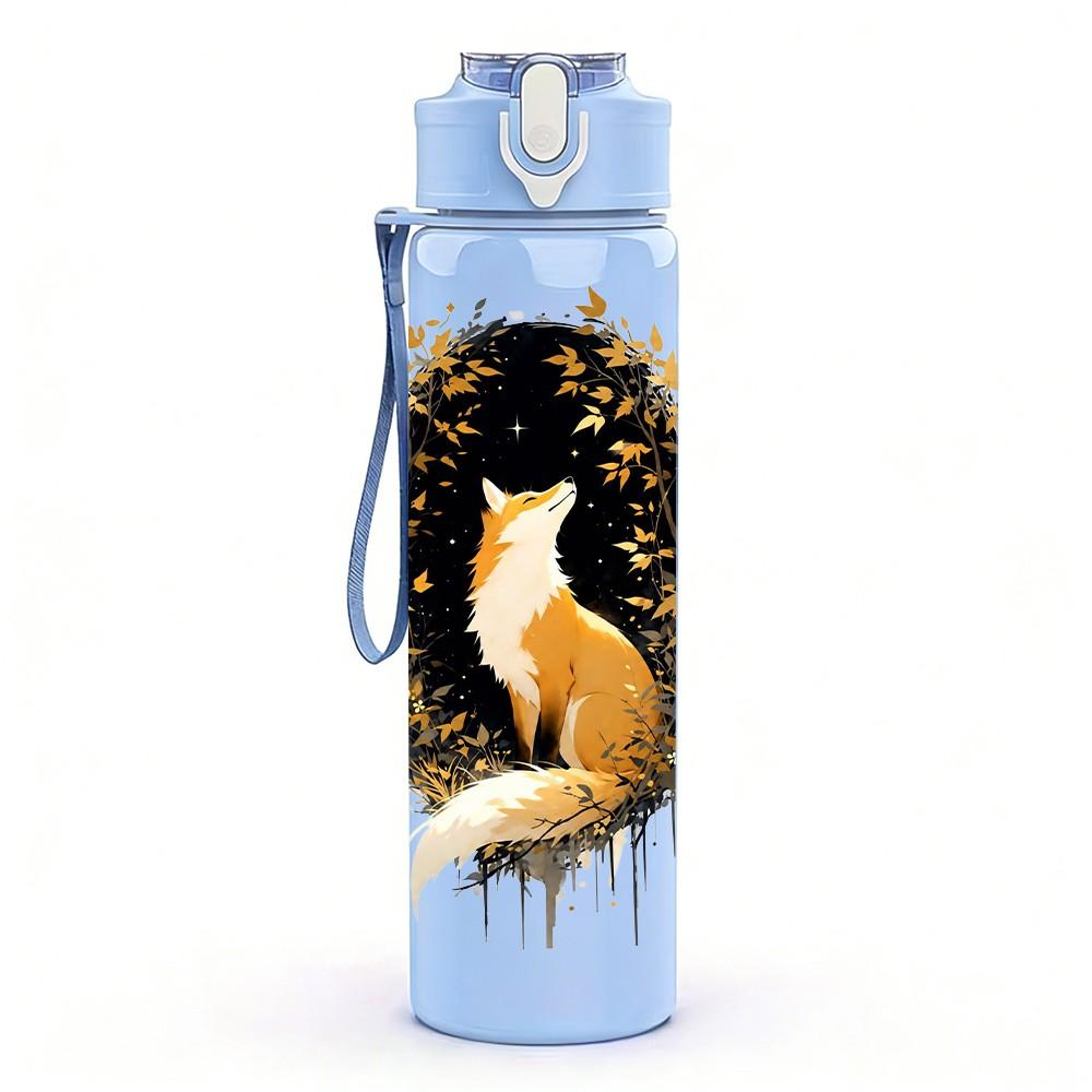 1PC Fox Dark Moon Art 750ml Color Plastic Sports Water Bottle Leakproof Flip Straw Lid Suitable for Sports Office Home Use