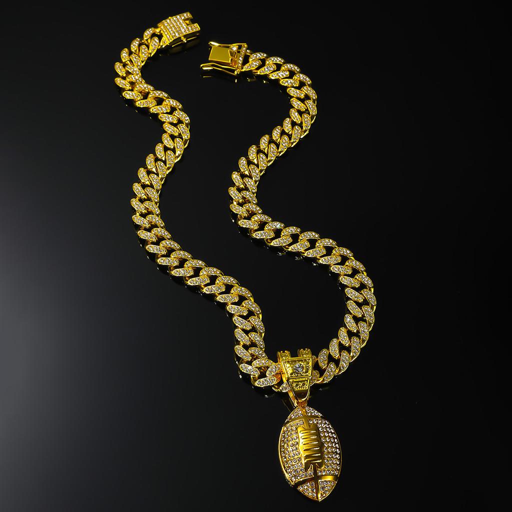 Rugby Full Diamond Cuban Chain Pendant, European and American Hip Hop Zinc Alloy Necklace Accessories