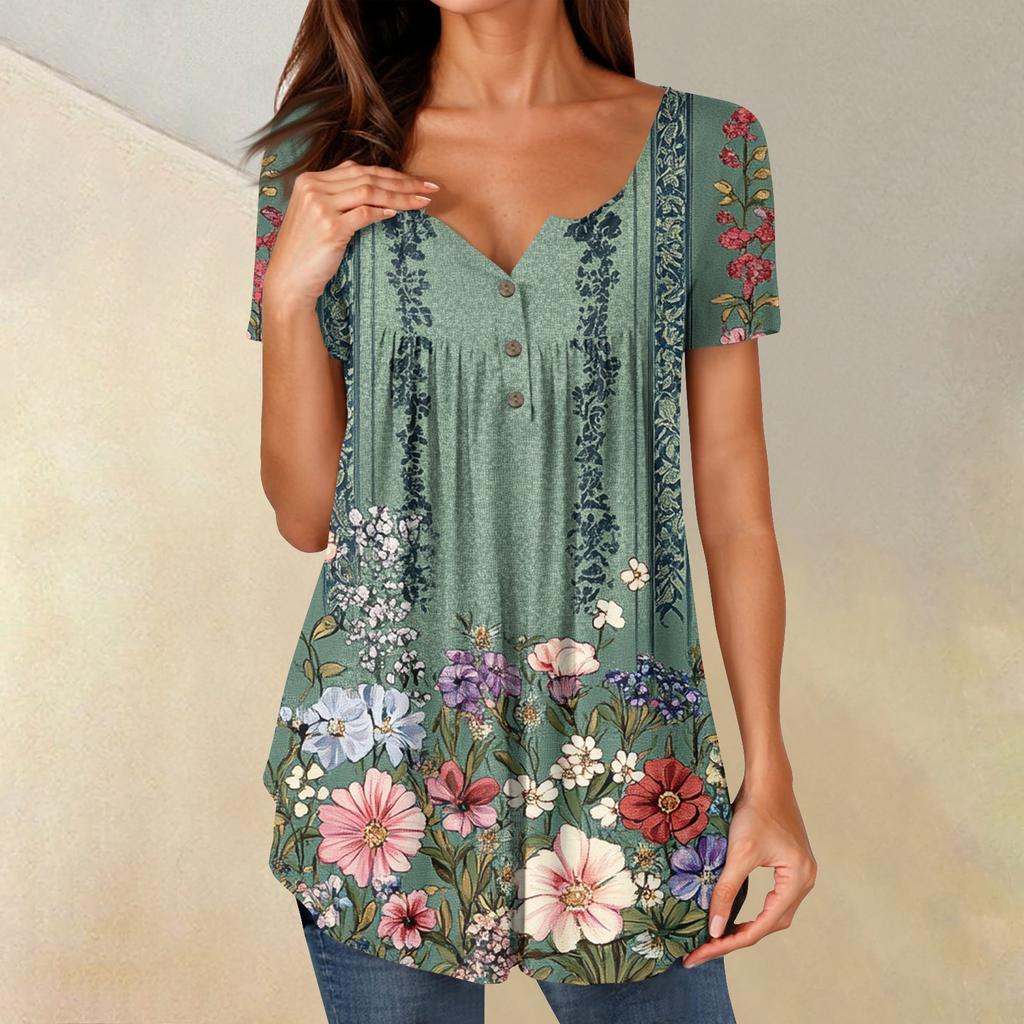 Women Tunic Tops Dressy Casual Summer Short Sleeve Shirts Loose Fit Pleated Boho Top