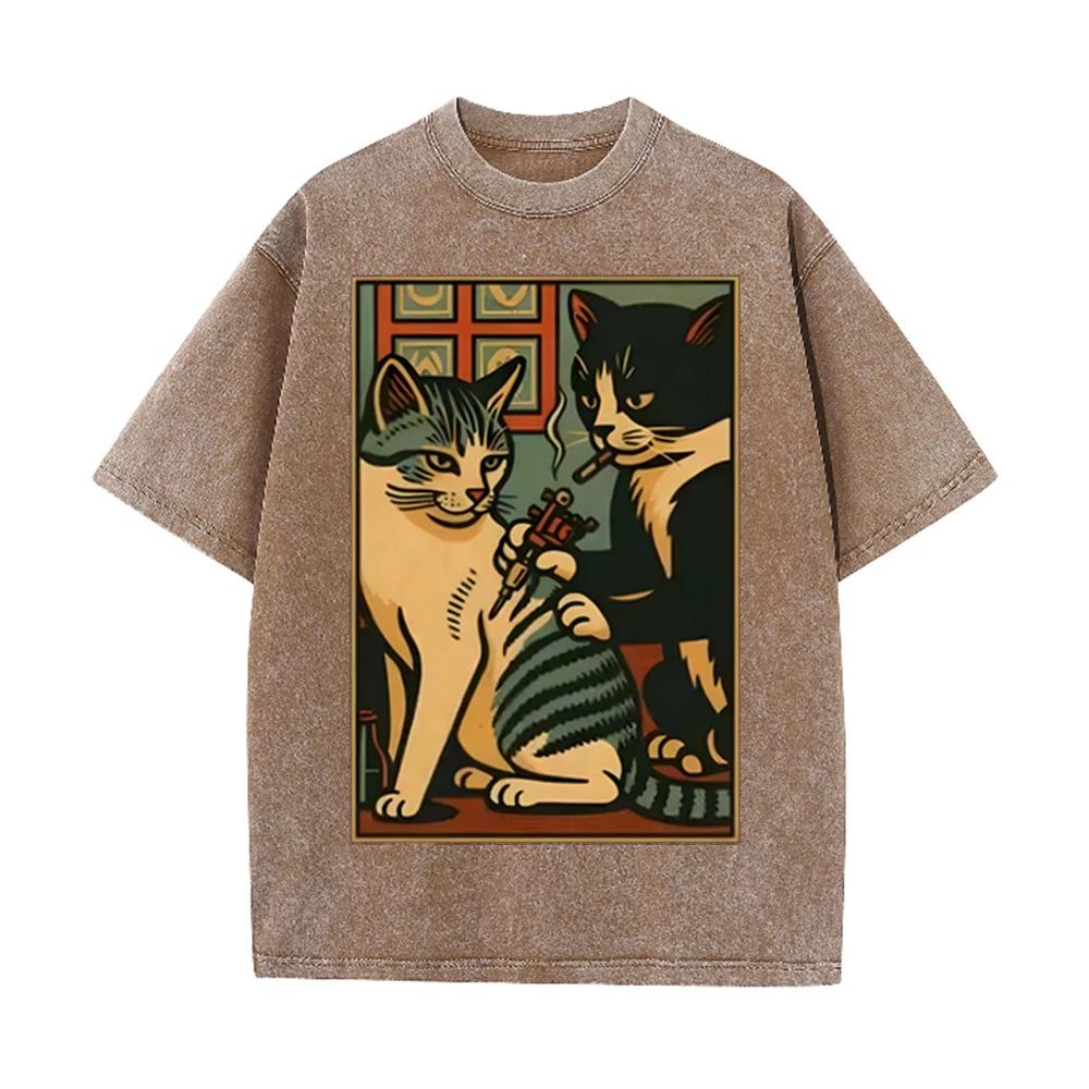 2026 Vintage Tattoo Cat Retro Art Print Beige Washed T Shirt Funny Animal Tattoo Shop Casual Oversized Unisex Short Sleeve Stree