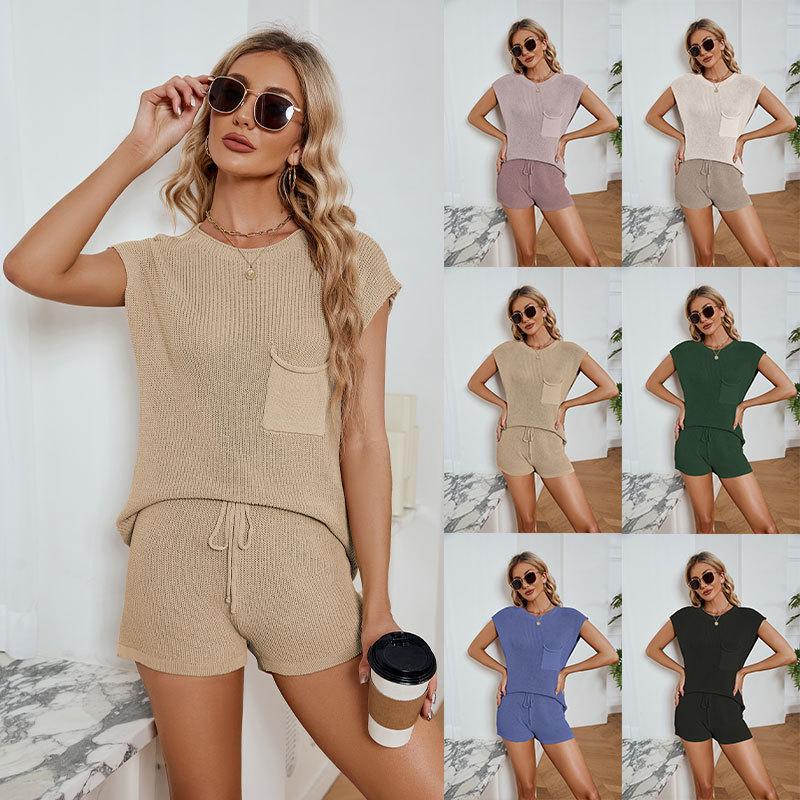 Spring and Summer New Loose Casual Suit Large Size with Pockets Solid Color Ladies Knitwear Shorts Set