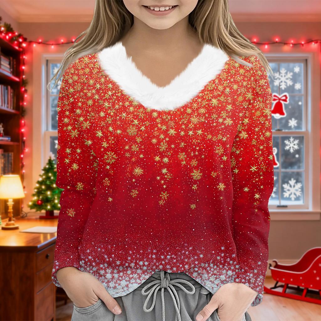 Christmas Day Girls Long Sleeve T Shirts Kids Girls' V-Neck Tee Christmas Print Long Sleeve Top