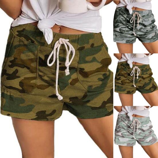 Женские шорты с эластичным поясом и карманами, прямые свободные шорты с камуфляжным принтом и шнурком, уличная одежда